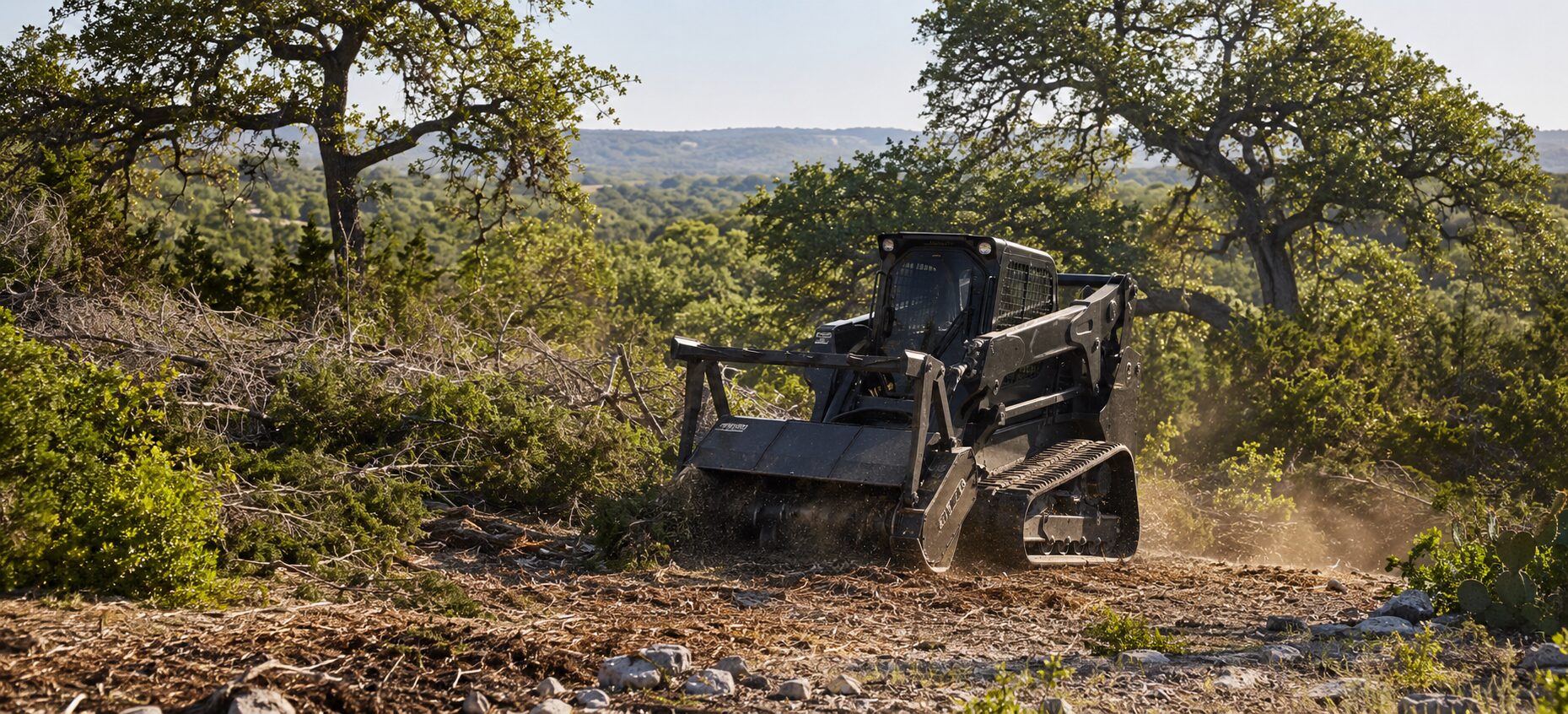 Tracked machine clearing dense brush on a Hill Country property